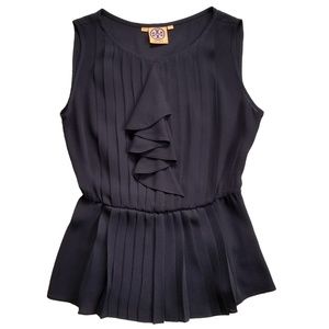 Tory Burch Silk Pleated Peplum Top with Ruffle